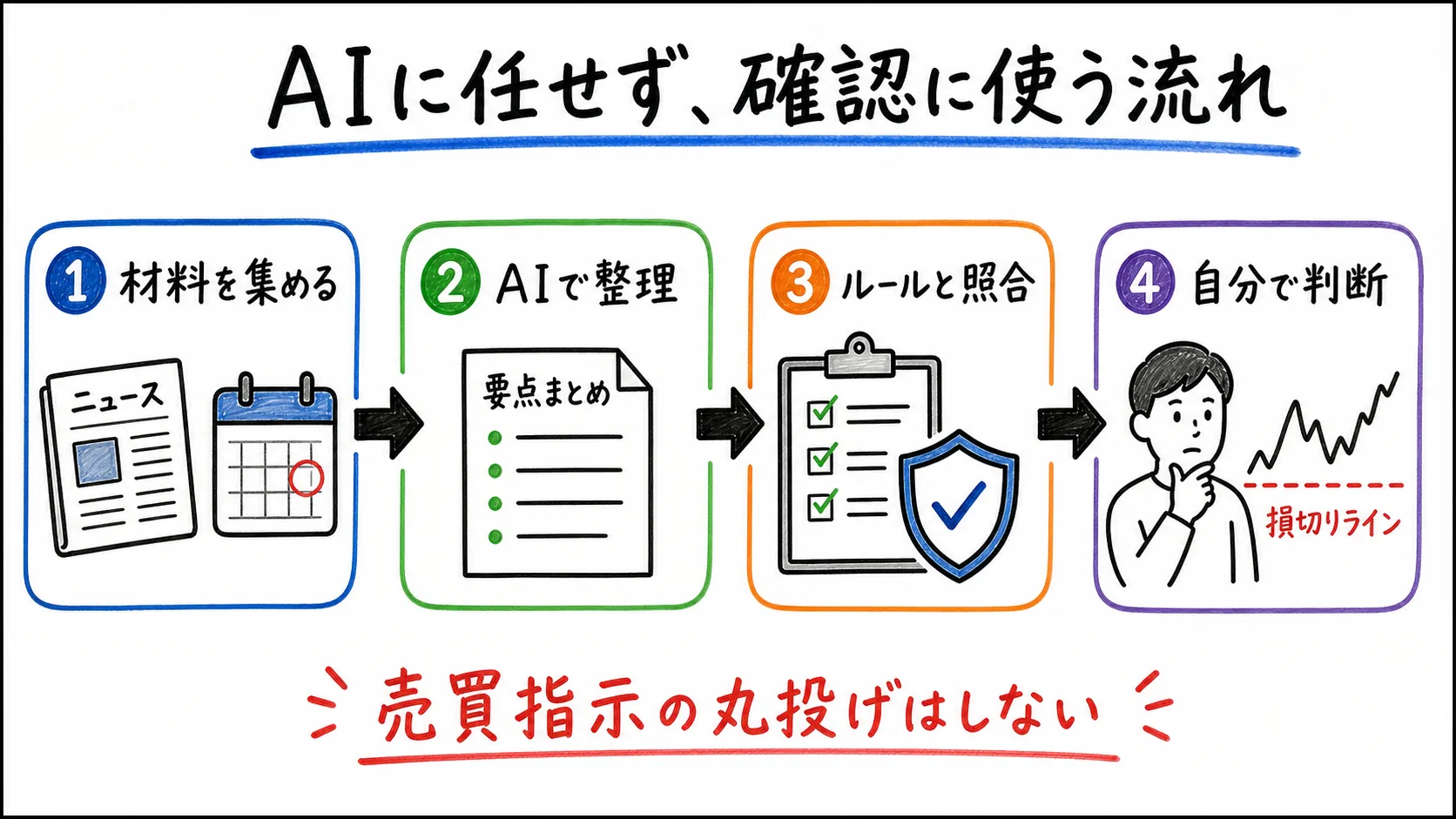 AIに売買を任せず確認に使う流れを示した日本語ワークフロー図解