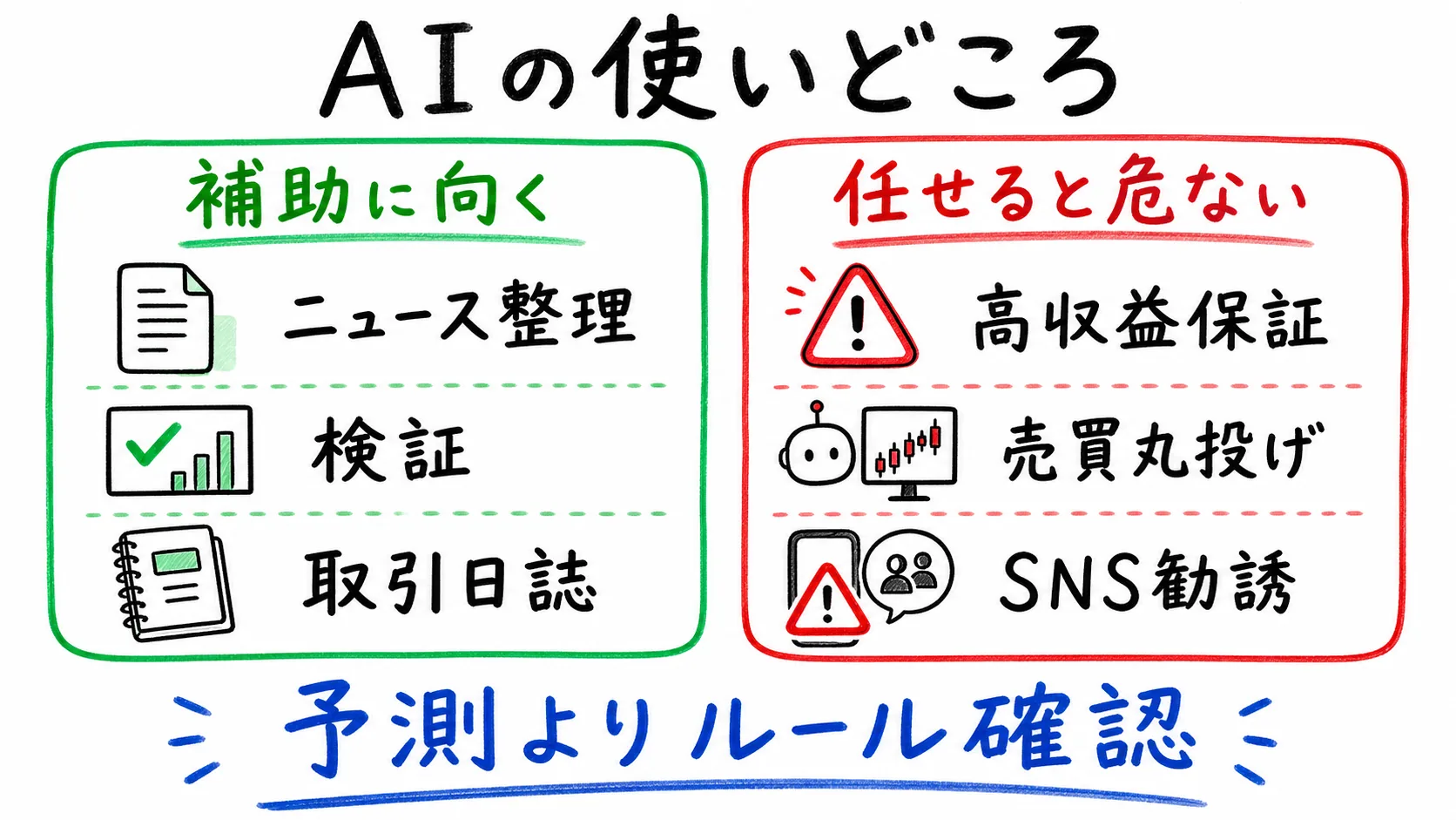 AIのFX活用で補助に向く使い方と危ない任せ方を比較した日本語ポンチ絵