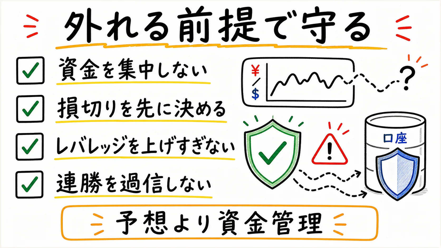 FXで予想より資金管理を優先するためのチェック項目を示した日本語ポンチ絵