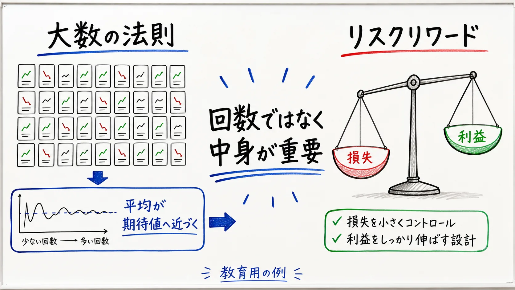 大数の法則とリスクリワードの関係を示し、回数ではなく期待値の中身が重要であることを示した日本語ホワイトボード図解