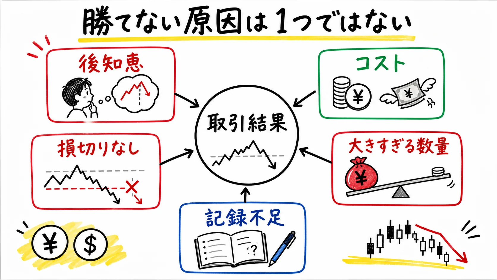 FXで勝てない原因が後知恵、コスト、損切りなし、大きすぎる数量、記録不足に分かれることを示した日本語ポンチ絵