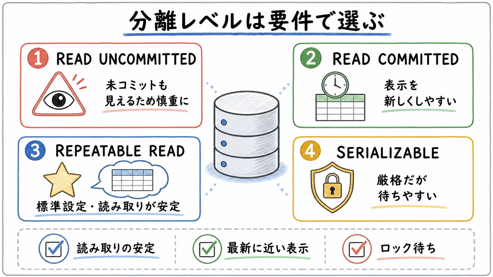 MySQLの分離レベルを読み取りの安定、最新に近い表示、ロック待ちの観点で選ぶ考え方を示した図