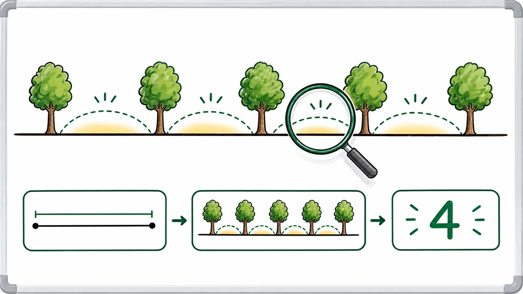 植木算で木ではなく間の数を先に数える考え方を示した図