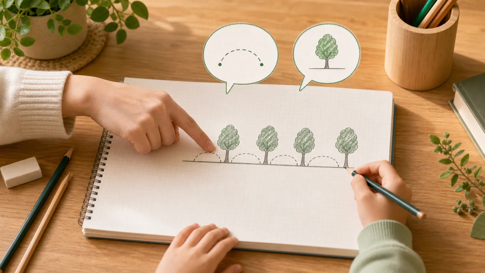 家庭学習で植木算の図を描きながら間の数を確認している様子