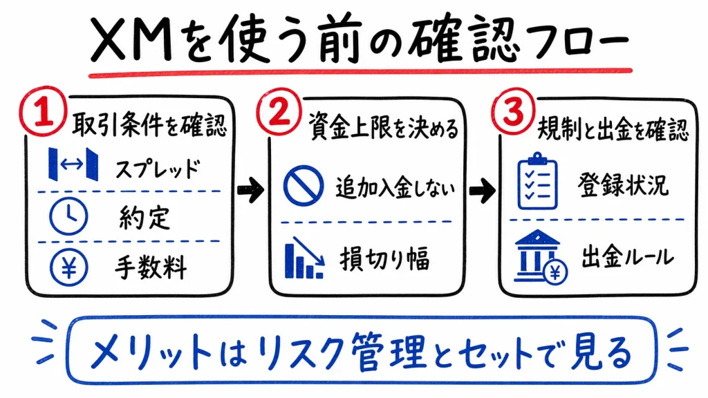 XMを使う前に取引条件、資金上限、規制と出金を確認する流れを示した図解