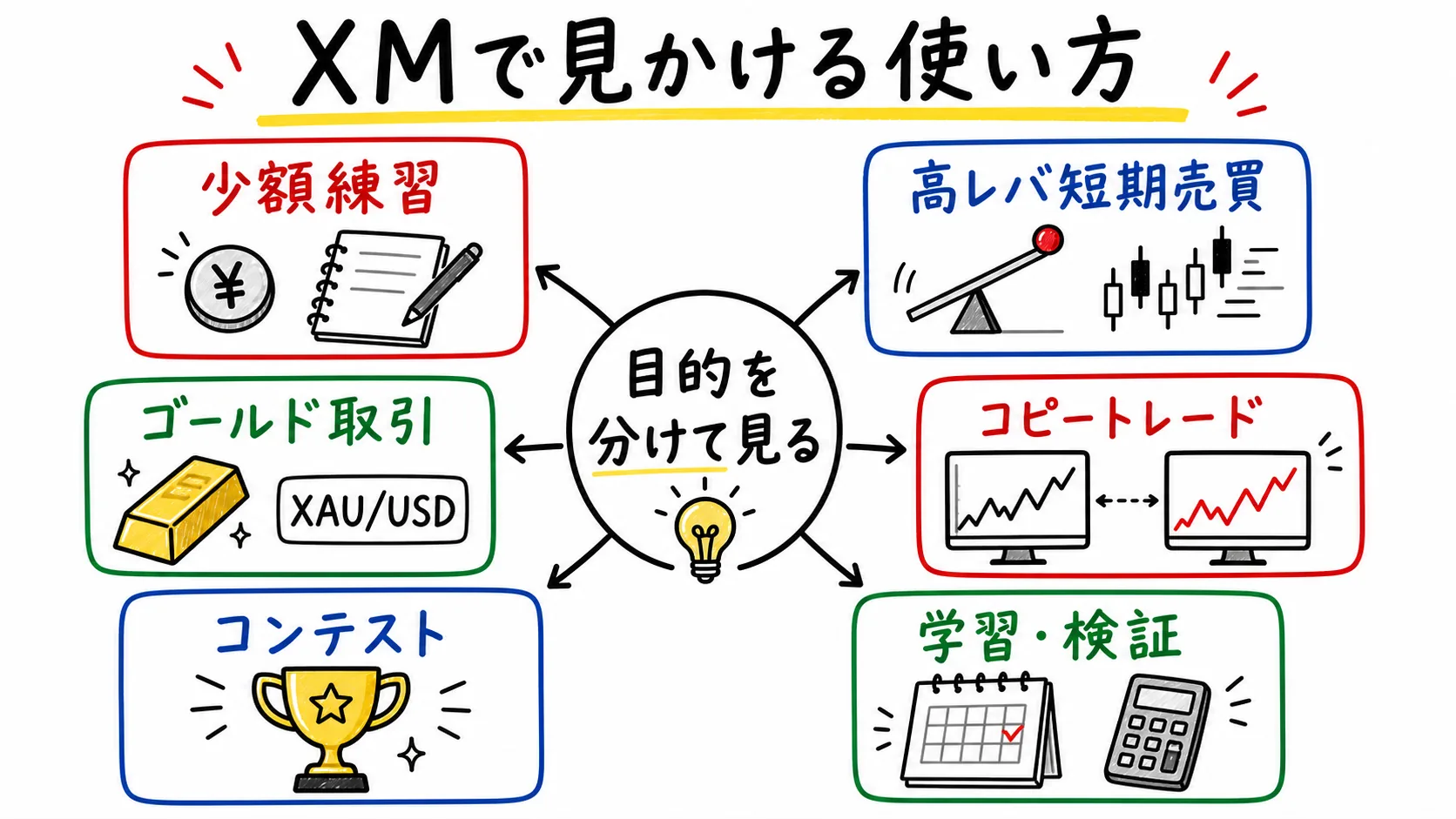 XMで見かける使い方を少額練習、高レバ短期売買、ゴールド取引、コピートレード、コンテスト、学習検証に分けた図解