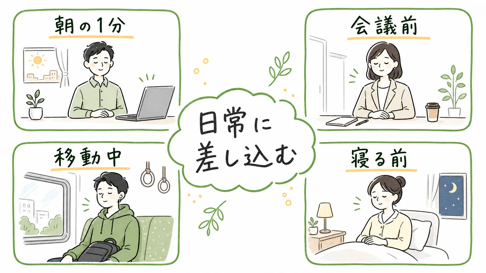朝や会議前や移動中や寝る前にアナパナ瞑想を短く差し込む場面を示した図