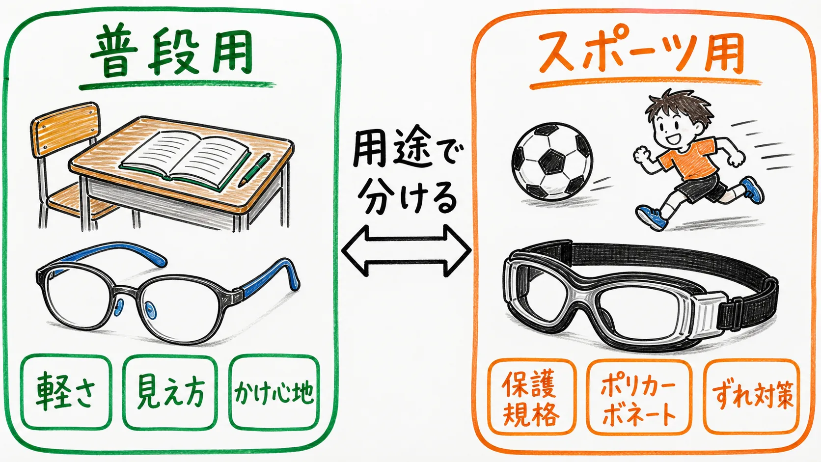 普段用メガネとスポーツ用保護メガネを用途で分けて考える図
