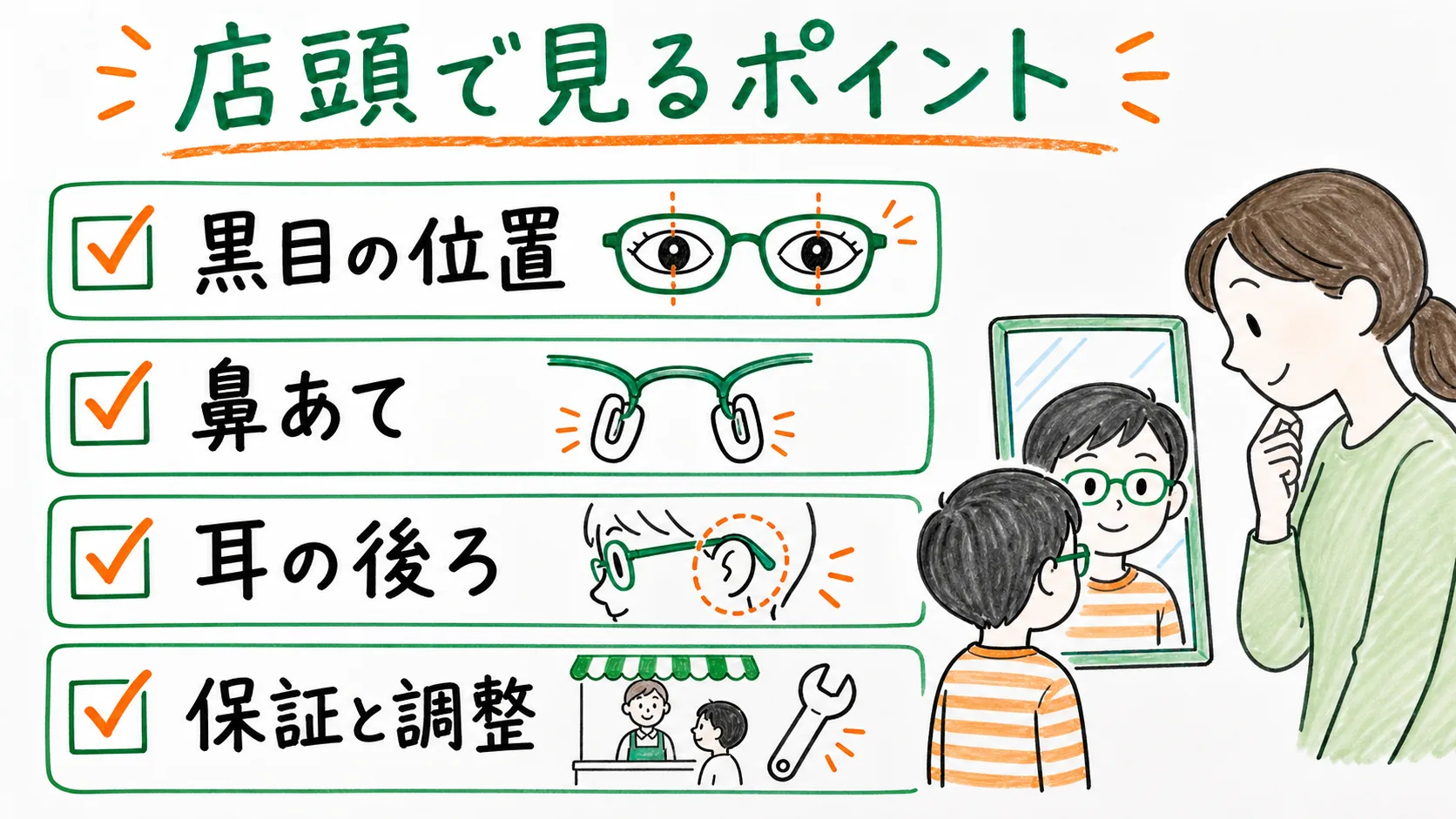 子どものメガネを店頭で確認するときの黒目の位置、鼻あて、耳の後ろ、保証と調整のチェックリスト