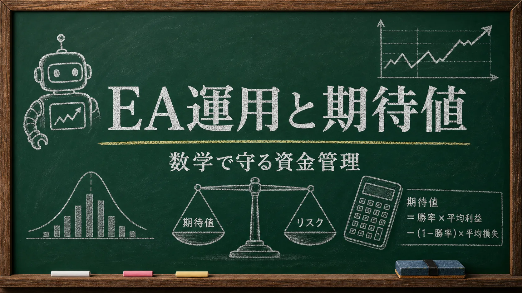 MetaTrader EA運用を期待値と資金管理で考える黒板風ヒーロー画像