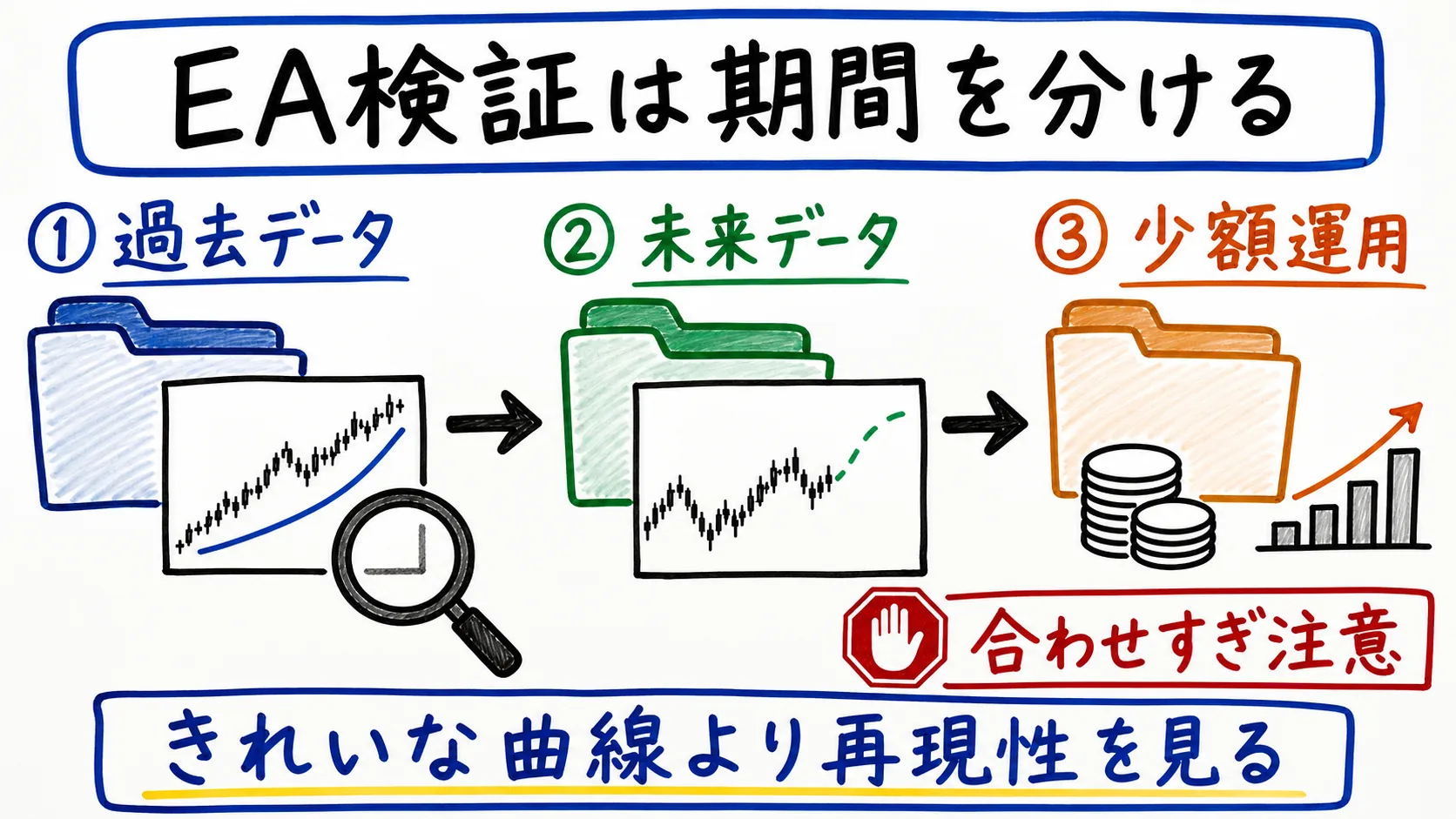 EA検証で過去データ、未来データ、少額運用を分けて過剰最適化に注意する図解
