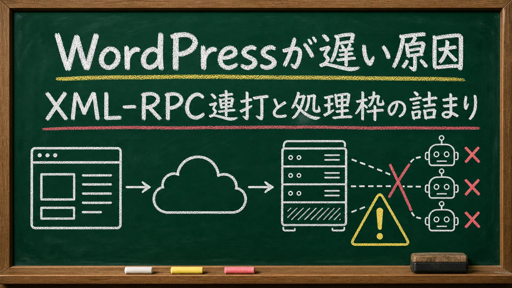 WordPressサイトが遅くなる原因としてXML-RPC連打と処理枠の詰まりを示した黒板図解