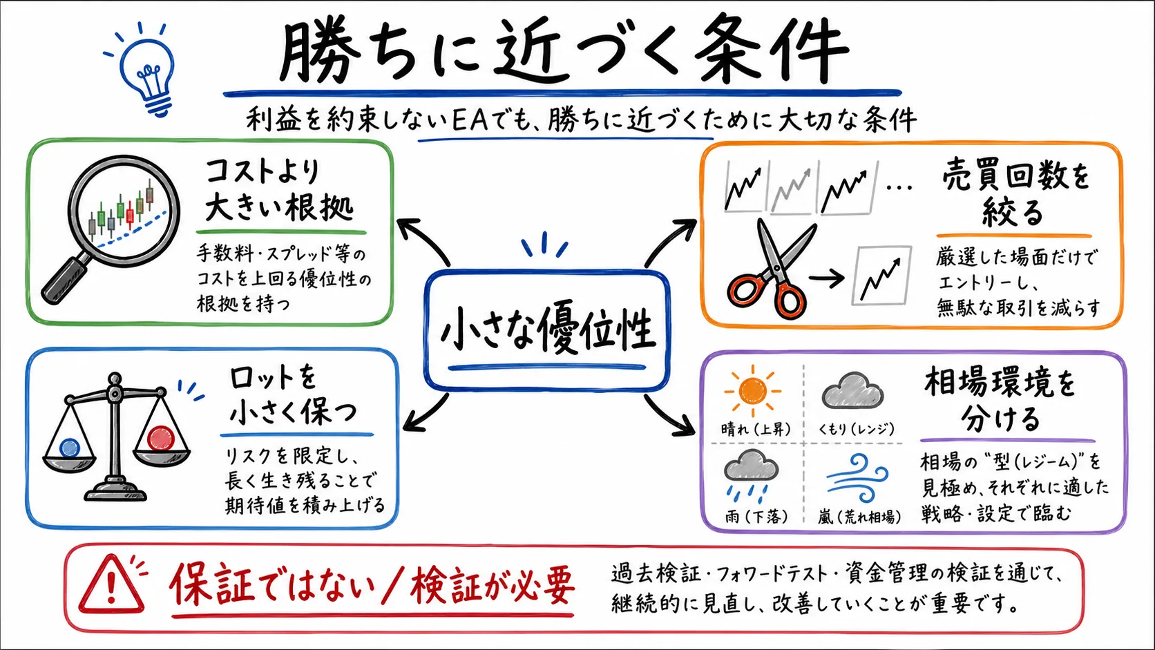 EAで勝ちに近づく条件として小さな優位性やコスト管理などを整理した図解