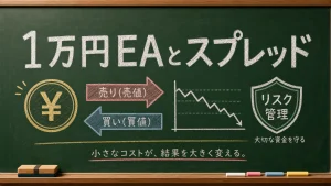 1万円口座でEA運用するときにスプレッドと取引コストが成績へ影響することを示した黒板風の図解