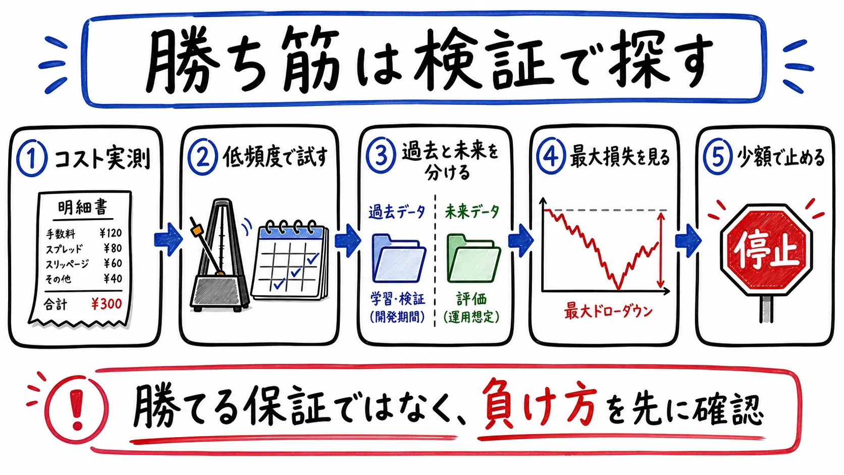 EAで勝ち筋を探す前にコスト実測や最大損失確認などの検証手順を示した図解