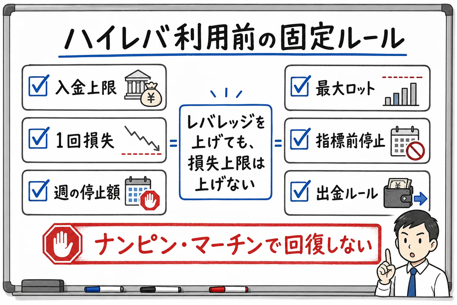 ハイレバ利用前に入金上限や1回損失などの固定ルールを決めるチェックリスト図解