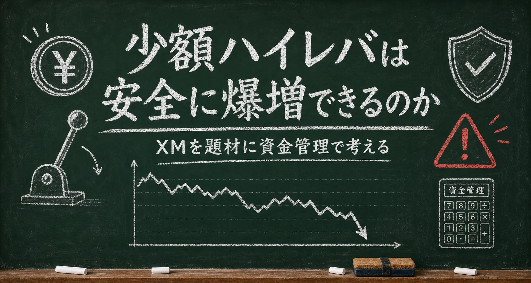 XMのハイレバで少額資金を安全に爆増できるかを資金管理の観点から考える黒板風の図解