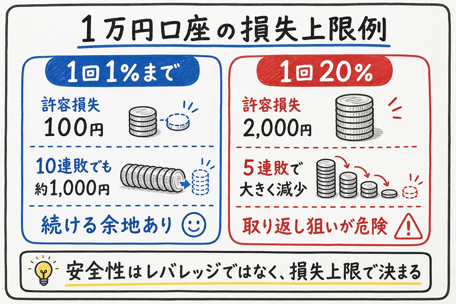 1万円口座で1回1パーセント損失と20パーセント損失の違いを比較した図解