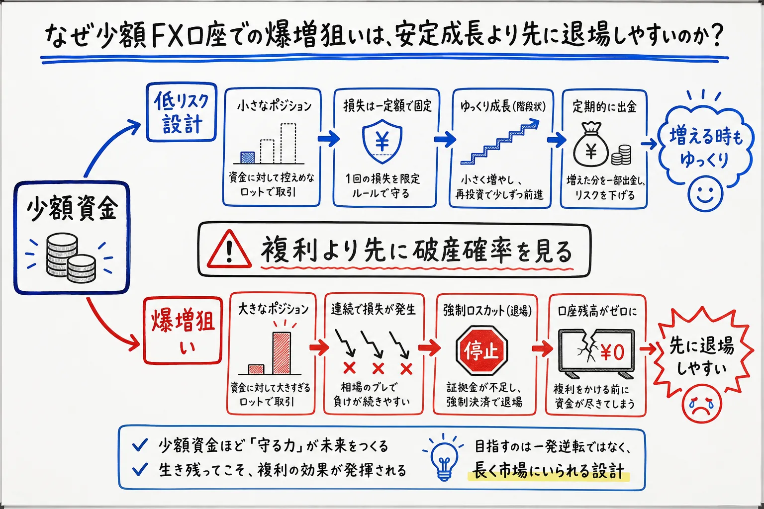 少額FX口座で爆増を狙う場合と低リスク設計の場合の退場しやすさを比較した図解