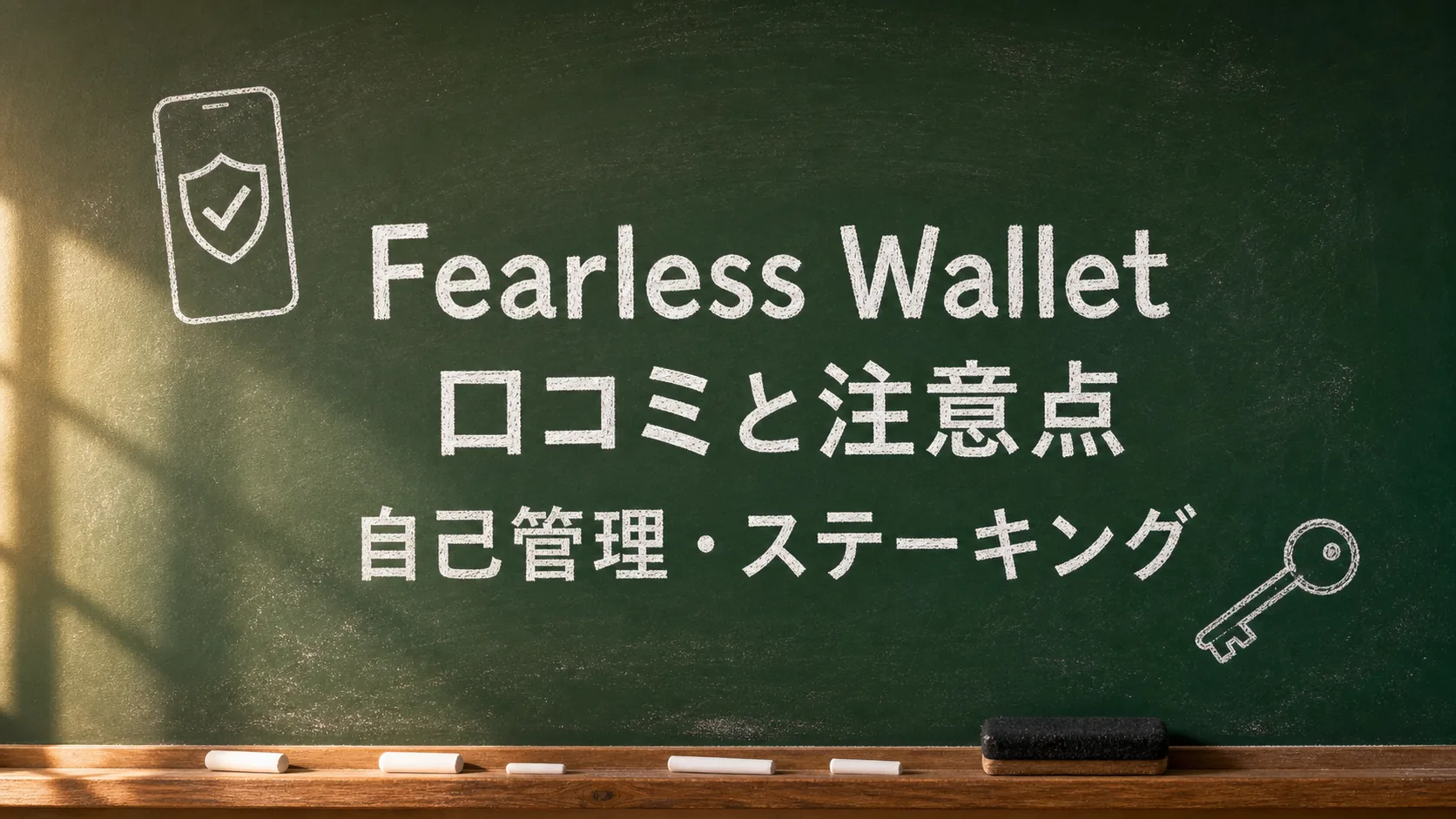 緑の黒板に「Fearless Wallet 口コミと注意点 自己管理・ステーキング」と書かれたアイキャッチ画像