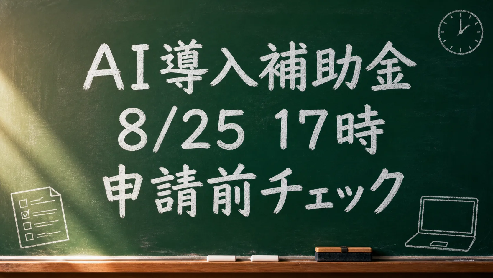AI導入補助金の8月25日17時締切と申請前チェックを伝える緑色の黒板画像